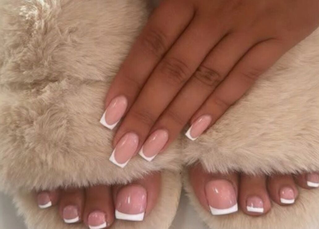 Stylish French manicure and pedicure with fluffy slippers at PAFOS, Dubai, Dubai, AE.