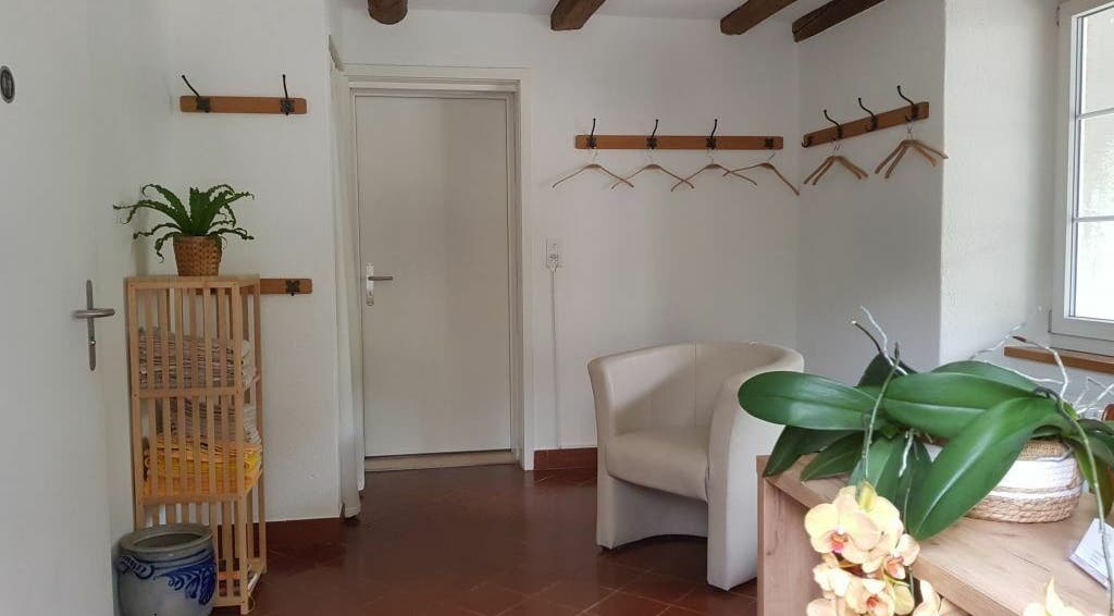 Gemütlicher Empfangsraum bei EEVitalsystem, Glarus, Glarus, CH mit Sessel und Pflanzen.