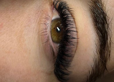 Close-up of eye with long lashes done at What the Fluff Lash Artistry, Chelmsford, England, GB.