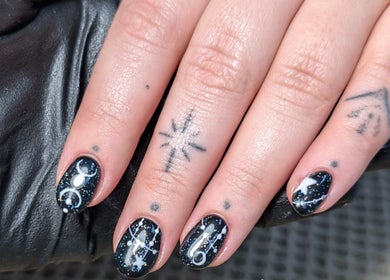 Celestial nail art by Chloe Hartfield Nail Tech in Burgess Hill, England, GB, featuring starry night designs.