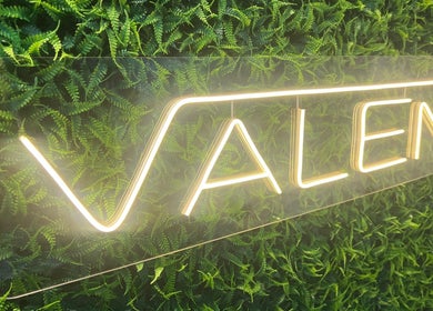 Logotipo iluminado do Estúdio Valen em painel de plantas, Rio Grande Do Sul, Rio Grande Do Sul, BR.