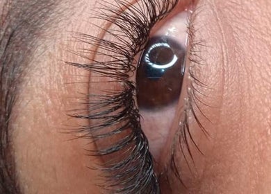 Close-up of styled eyelashes at Gris Beauty Spa, Orlando, Florida, US, showcasing expert lash services.