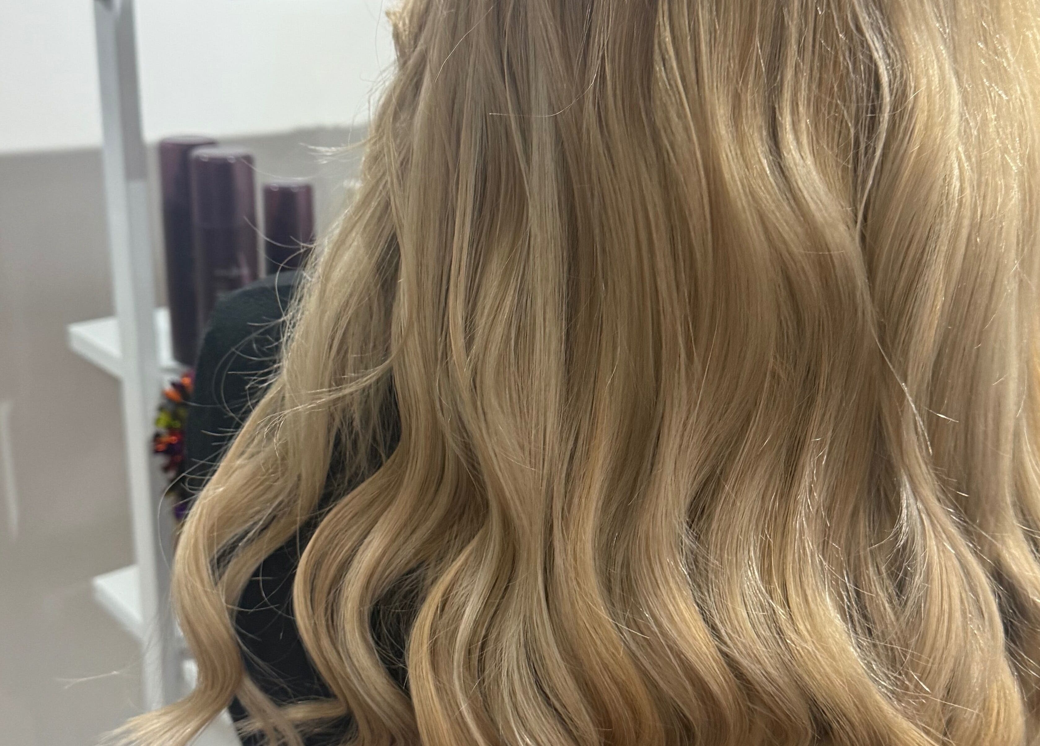 Blonde wavy hairstyle at Erin Louise Hair, Kilmarnock, Scotland, GB