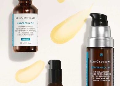 Skinceuticals serums on display at The Skin Spa at Elmhurst, Bangor, Wales, GB, showcasing skincare essentials.