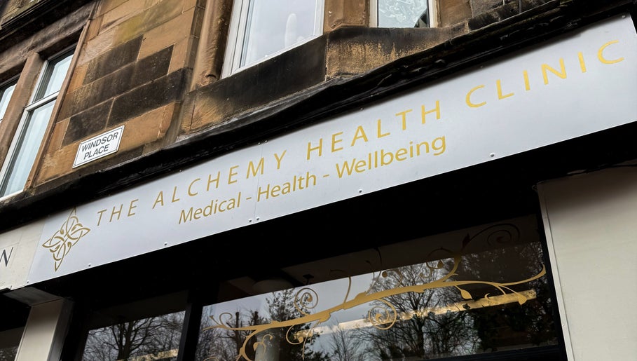 Entrance of The Alchemy Clinic Bridge of Weir in Scotland, GB showing its shopfront and signage.