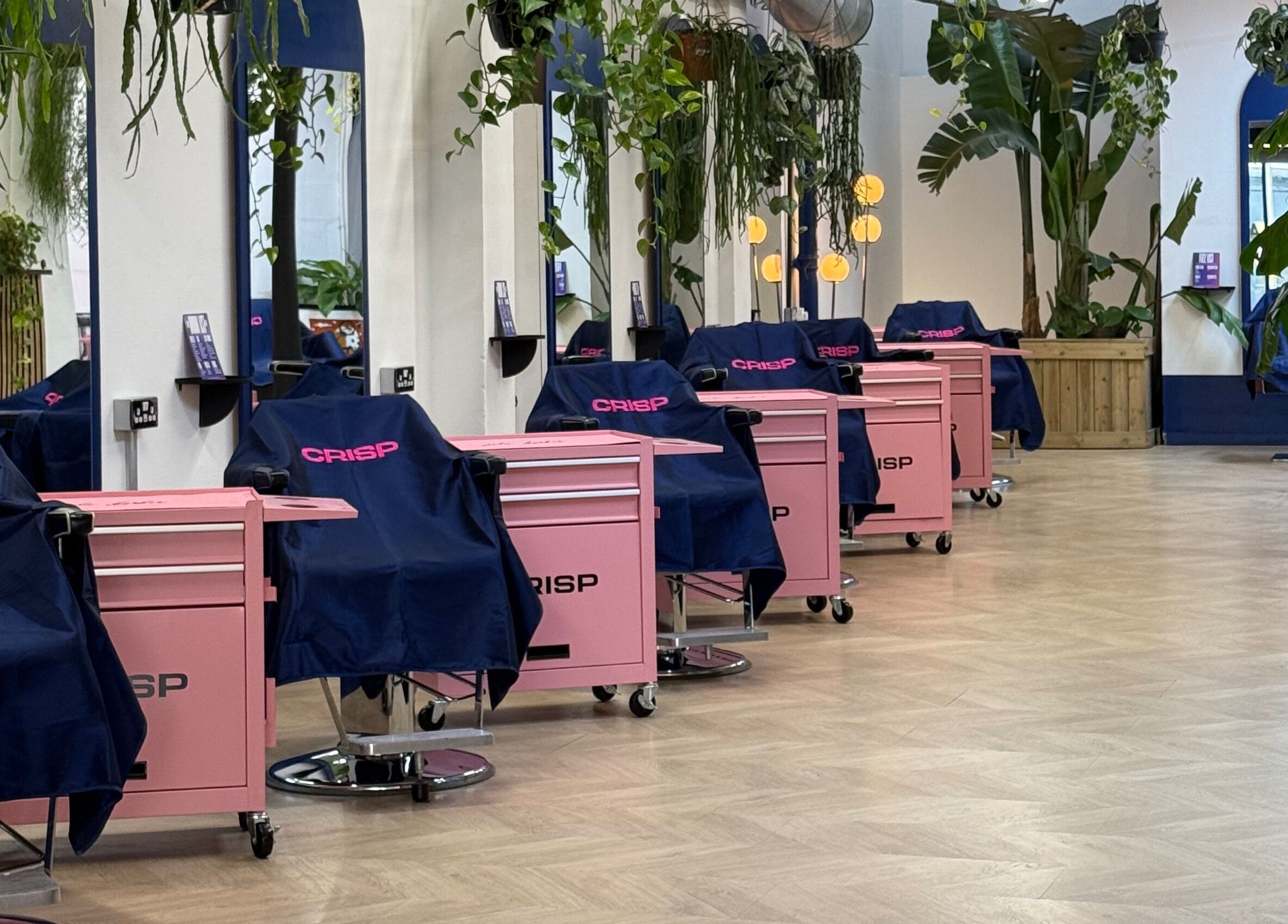 Interior of CRISP BRISTOL salon in Bristol, England, GB with stylish pink stations and green plants.