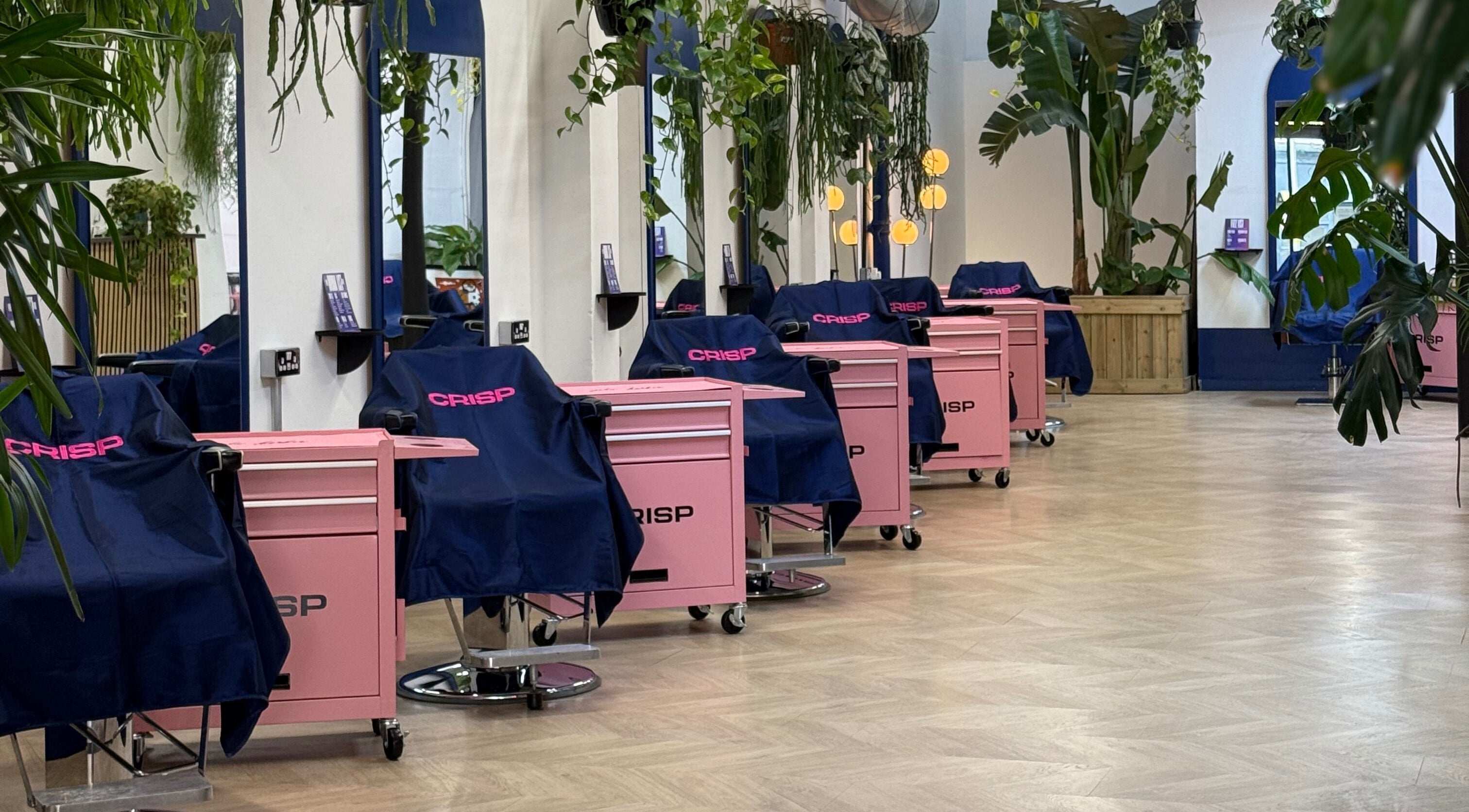 Interior of CRISP BRISTOL salon in Bristol, England, GB with stylish pink stations and green plants.
