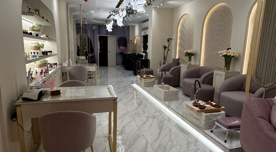 Sophisticated interior of Gabriella Salon in Al Khobar, Eastern Province, SA, featuring modern decor and plush seating.