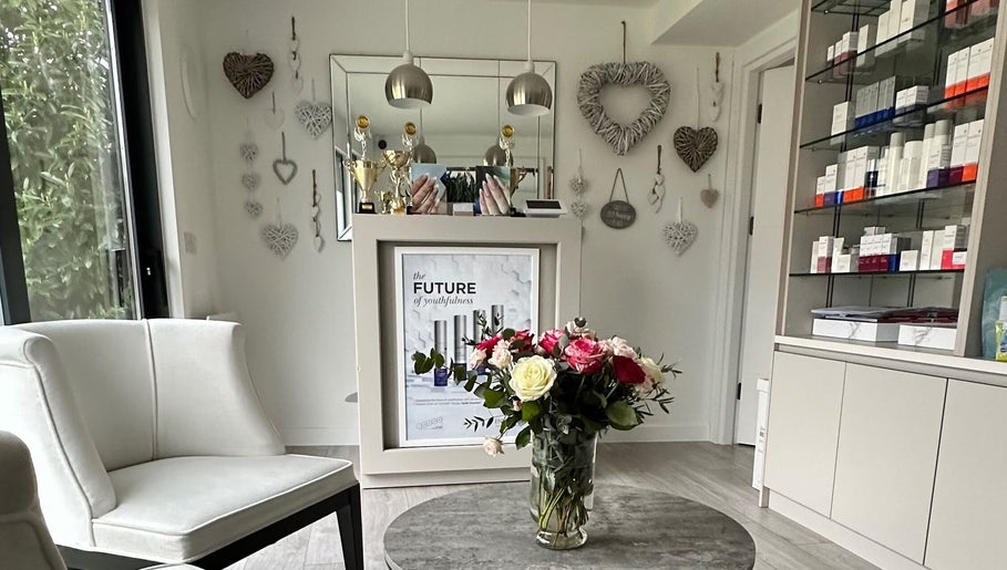 Elegant interior of Natalia Calkam Beauty Studio in Newbury, England, GB, featuring decor and beauty products.