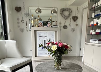Elegant interior of Natalia Calkam Beauty Studio in Newbury, England, GB, featuring decor and beauty products.