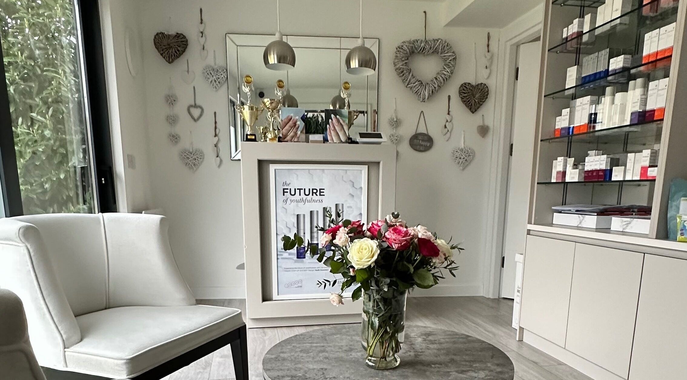 Elegant interior of Natalia Calkam Beauty Studio in Newbury, England, GB, featuring decor and beauty products.