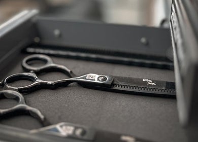 Professional hair shears in a drawer at Quinche Studio, Mascot, New South Wales, AU.