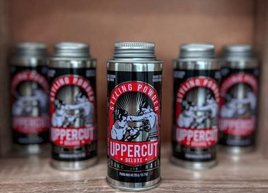 Uppercut Deluxe styling powder display at Quinche Studio, Mascot, New South Wales, AU.