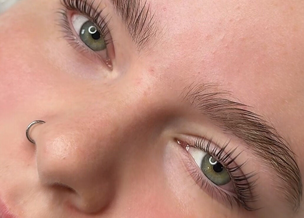 Closeup of lashes and brows after treatment at Lash Studio by Sarah E, Greta, New South Wales, AU.