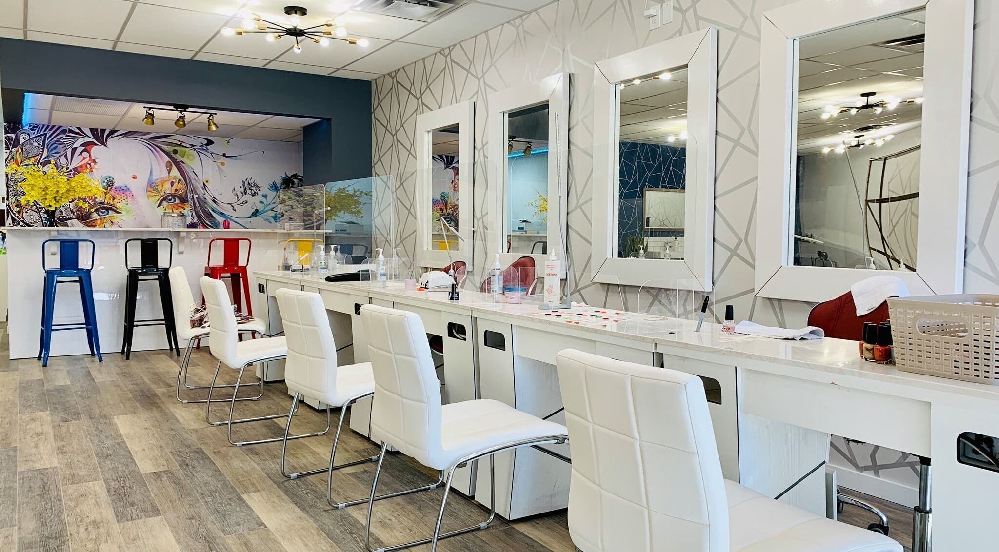 Trendy interior of Friendly Nails - Fort Sask, located in Fort Saskatchewan, Alberta, CA, featuring modern decor.