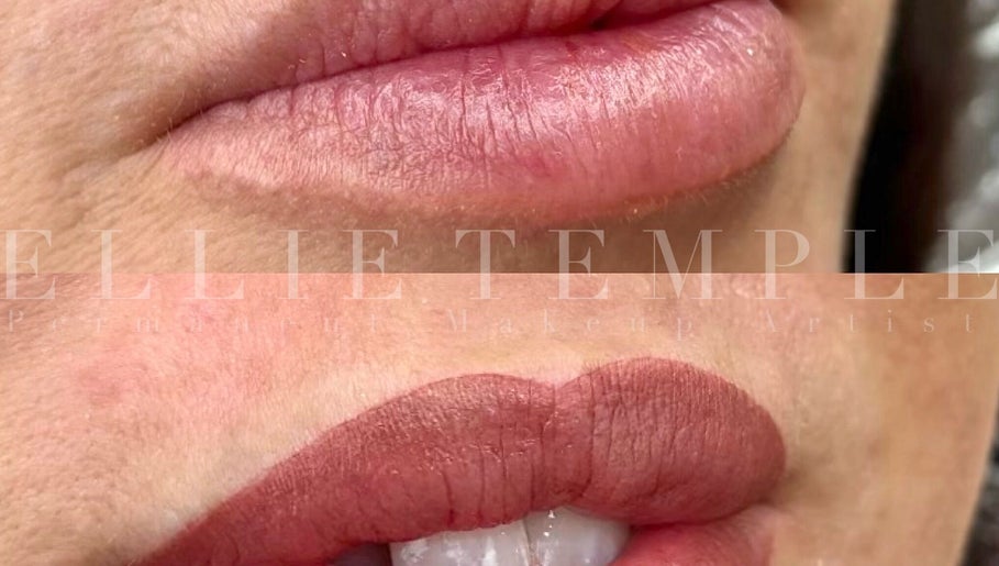 Close-up of elegant lip art at Ellietemplepmu, Plymouth, England, GB featuring soft pink tones.