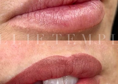 Close-up of elegant lip art at Ellietemplepmu, Plymouth, England, GB featuring soft pink tones.