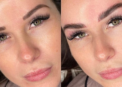 Close-up of before and after eyebrow enhancement at Ellietemplepmu, Plymouth, England, GB.
