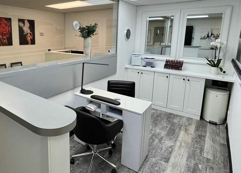 Modern manicure station at Anda Organic Boutique Spa, West Islip, New York, US. Sleek design with art decor.