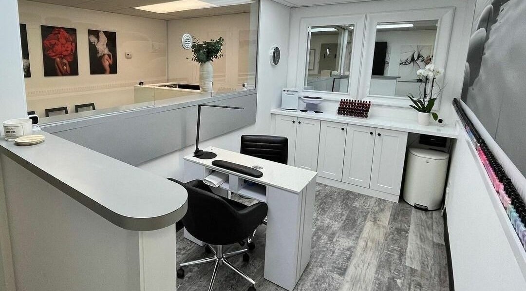 Modern manicure station at Anda Organic Boutique Spa, West Islip, New York, US. Sleek design with art decor.