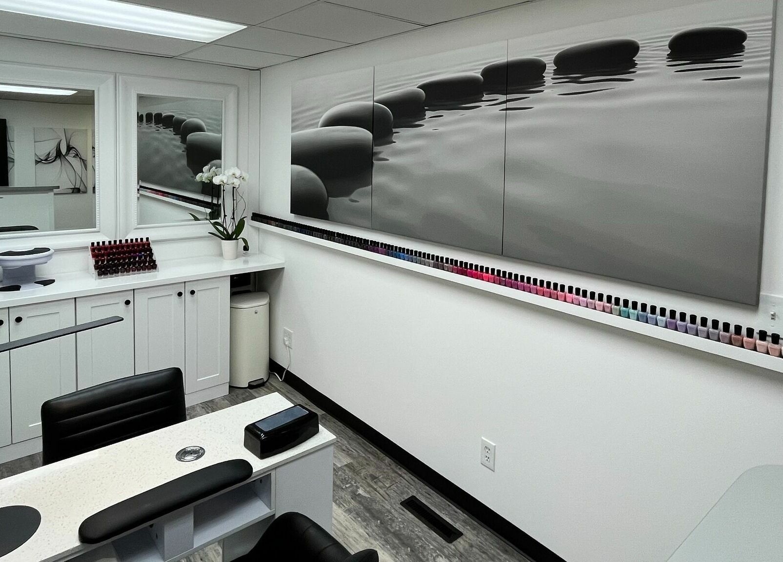 Stylish manicure area at Anda Organic Boutique Spa in West Islip, New York, US with a chic design.