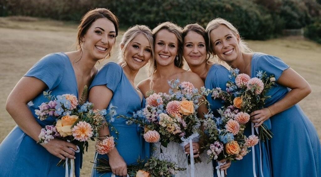 Group of bridesmaids in blue dresses with bouquets at Simply Tipped, Gillitts, Kwazulu-natal, ZA.