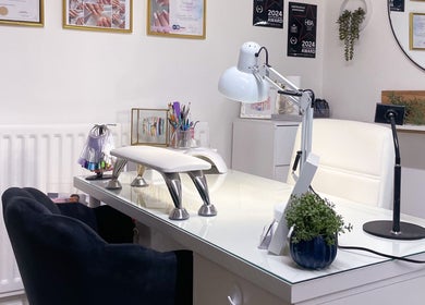 Modern nail salon setup at Scorpio Nails & Beauty in Doncaster, England, GB showcasing sleek workspace.