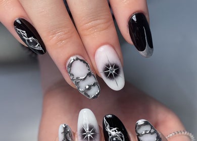 Intricate black and white nail art at Scorpio Nails & Beauty, Doncaster, England, GB.