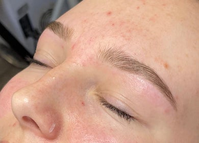 Close-up of neatly shaped eyebrows at Scorpio Nails & Beauty in Doncaster, England, GB.