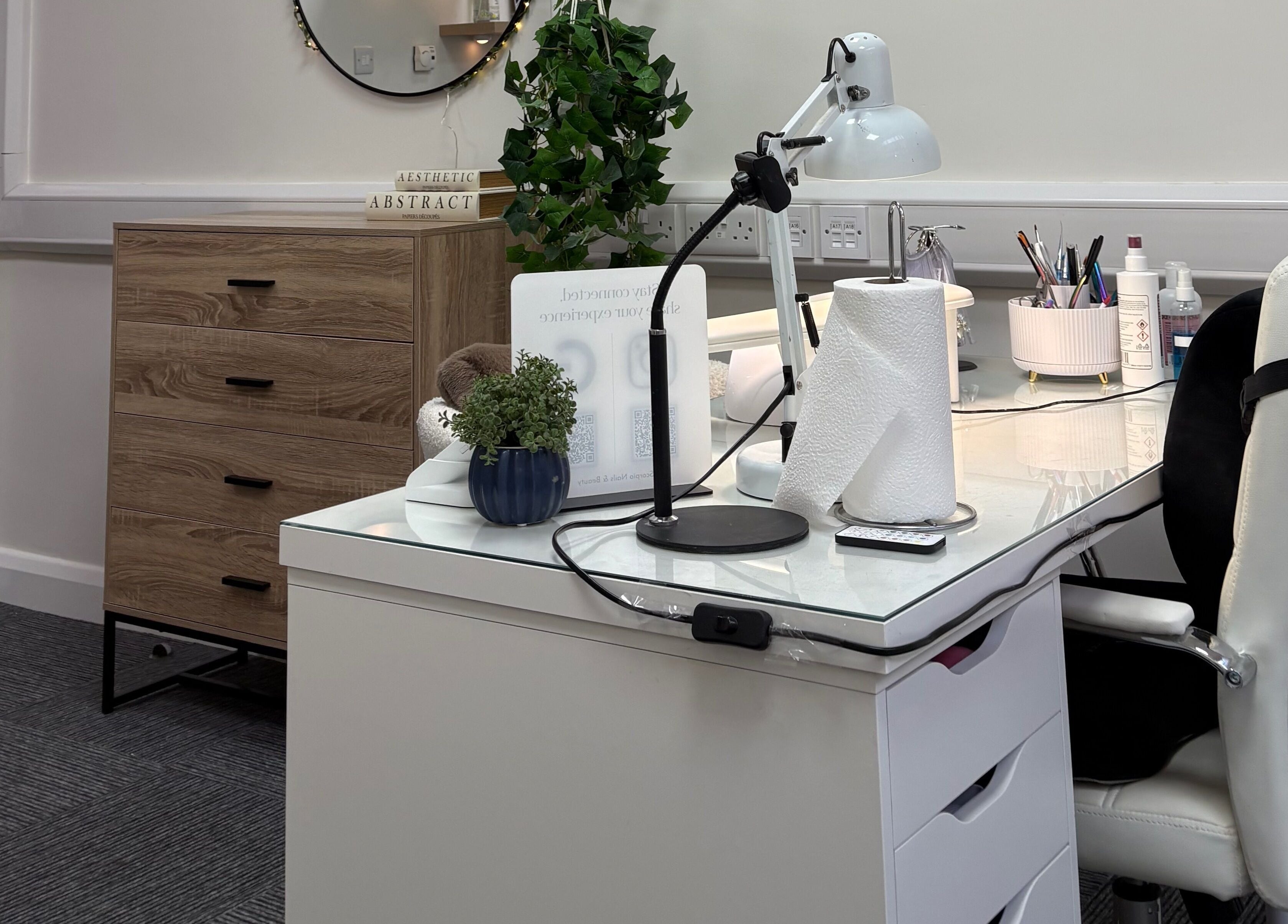 Scorpio Nails & Beauty nail station in Doncaster, England, GB, showcasing a chic, modern workspace.