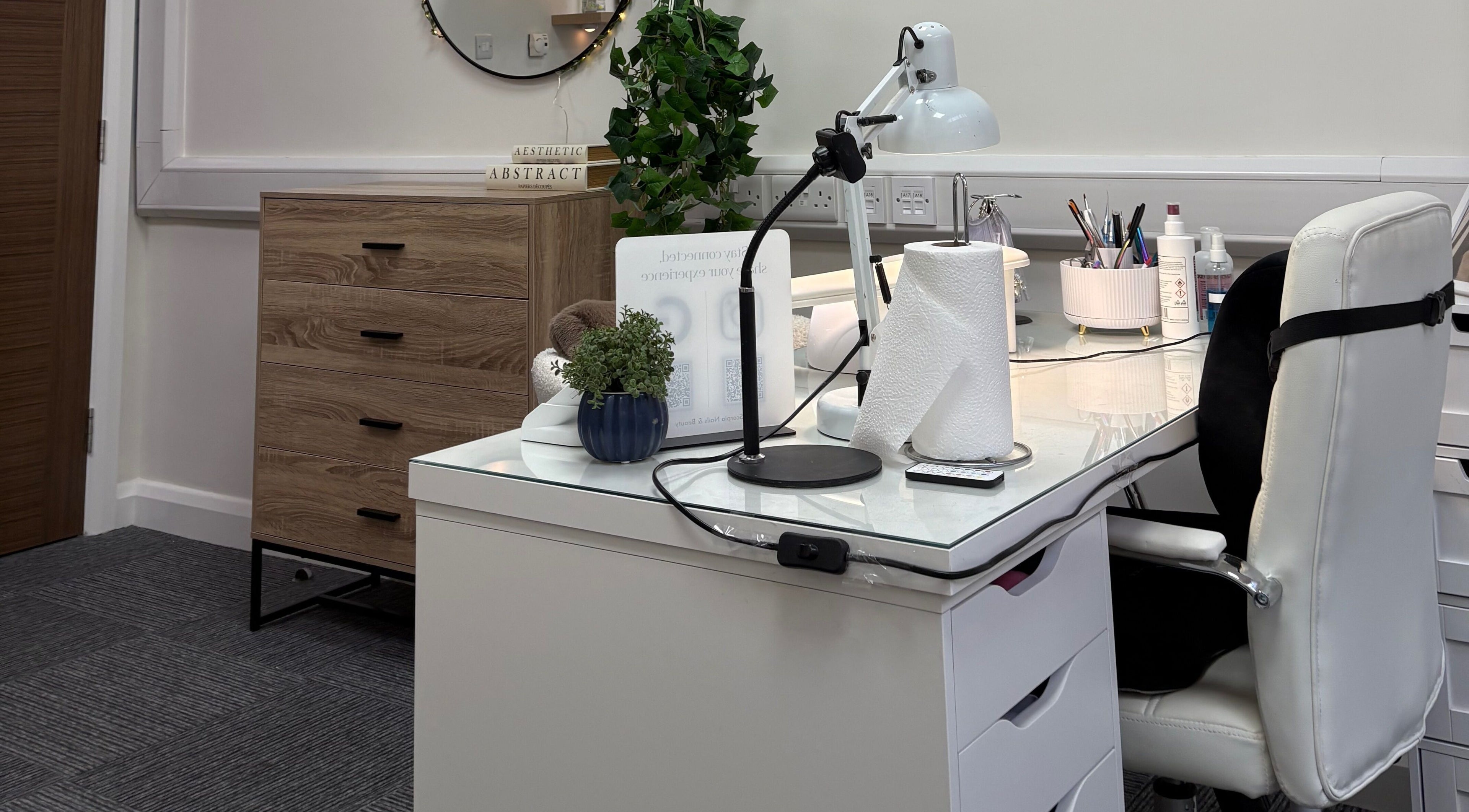 Scorpio Nails & Beauty nail station in Doncaster, England, GB, showcasing a chic, modern workspace.