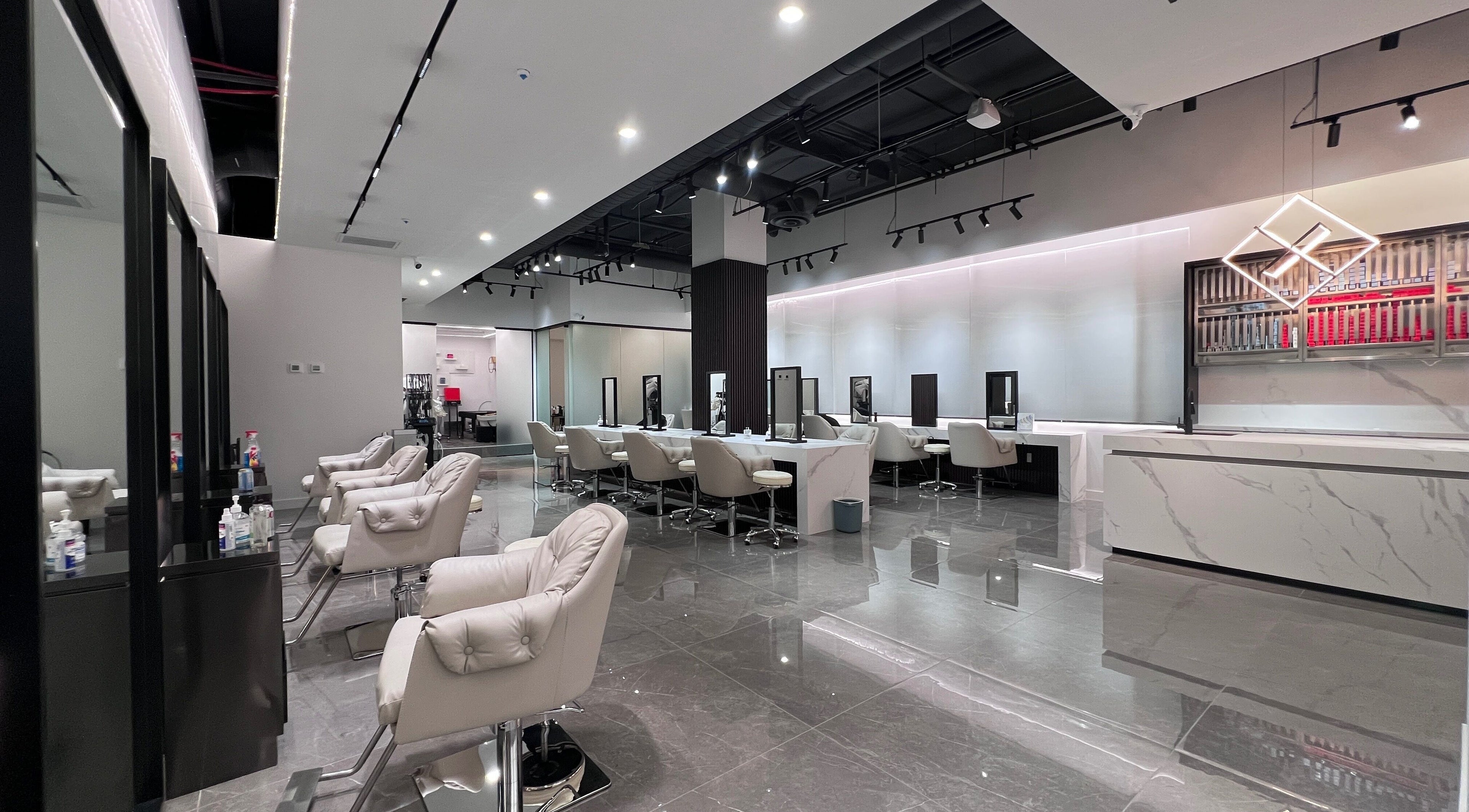 Modern beauty salon in Reborn.X, Toronto, Ontario, CA featuring elegant styling chairs and sleek design.