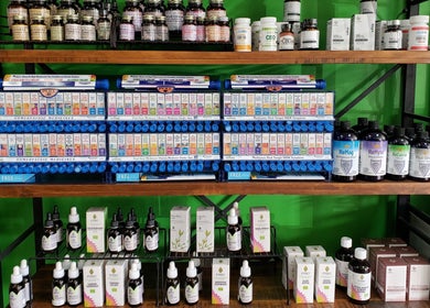 Diverse wellness products on shelves at Green Room Remedies at Get Me Some Green, Matthews, North Carolina, US.