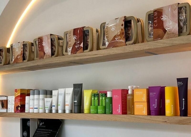 Beauty products on stylish wooden shelves at Numaven, Merewether, New South Wales, AU.