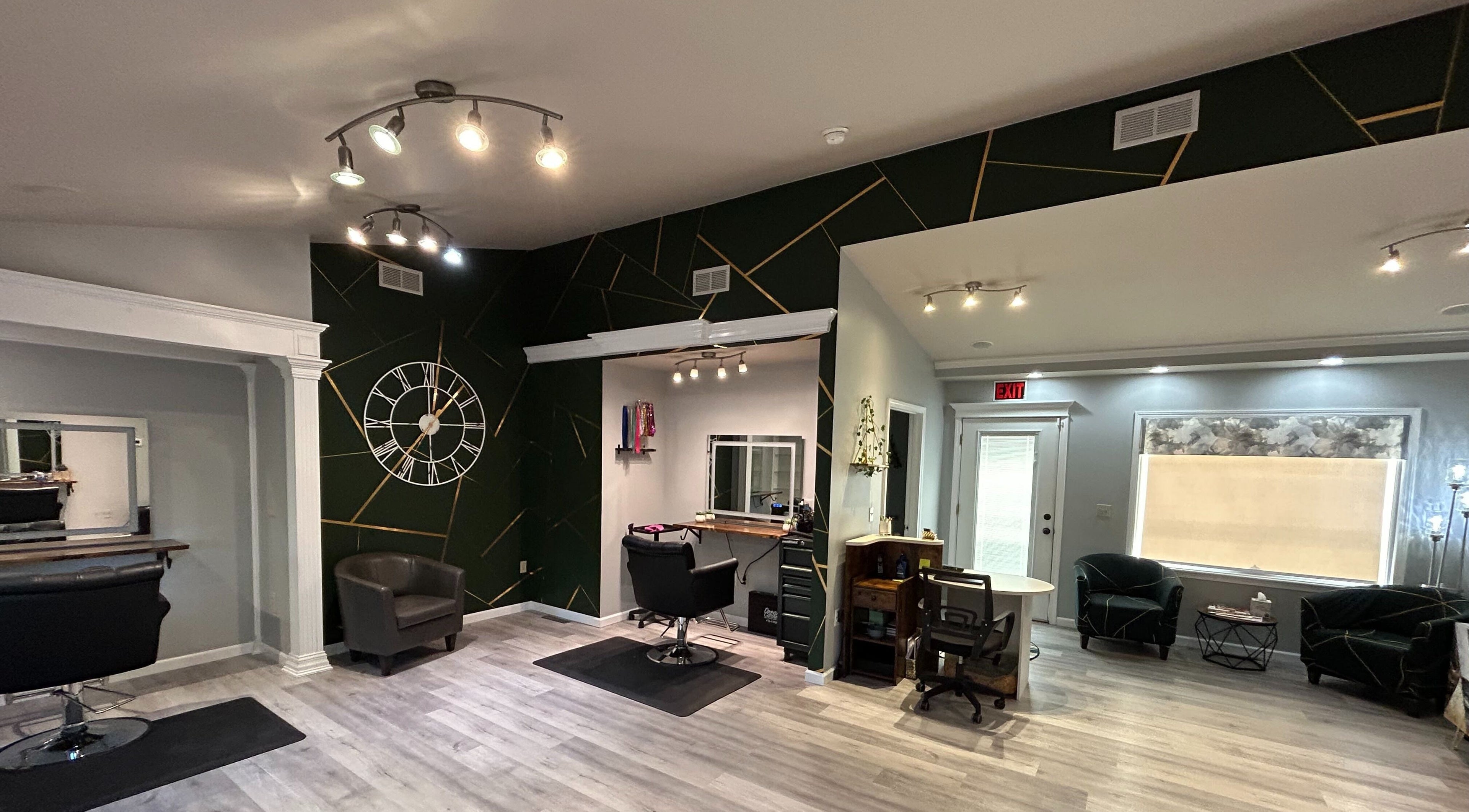 Modern salon interior at Emerald Salon, Harrisonville, Missouri, US with elegant design and stylish furnishings.