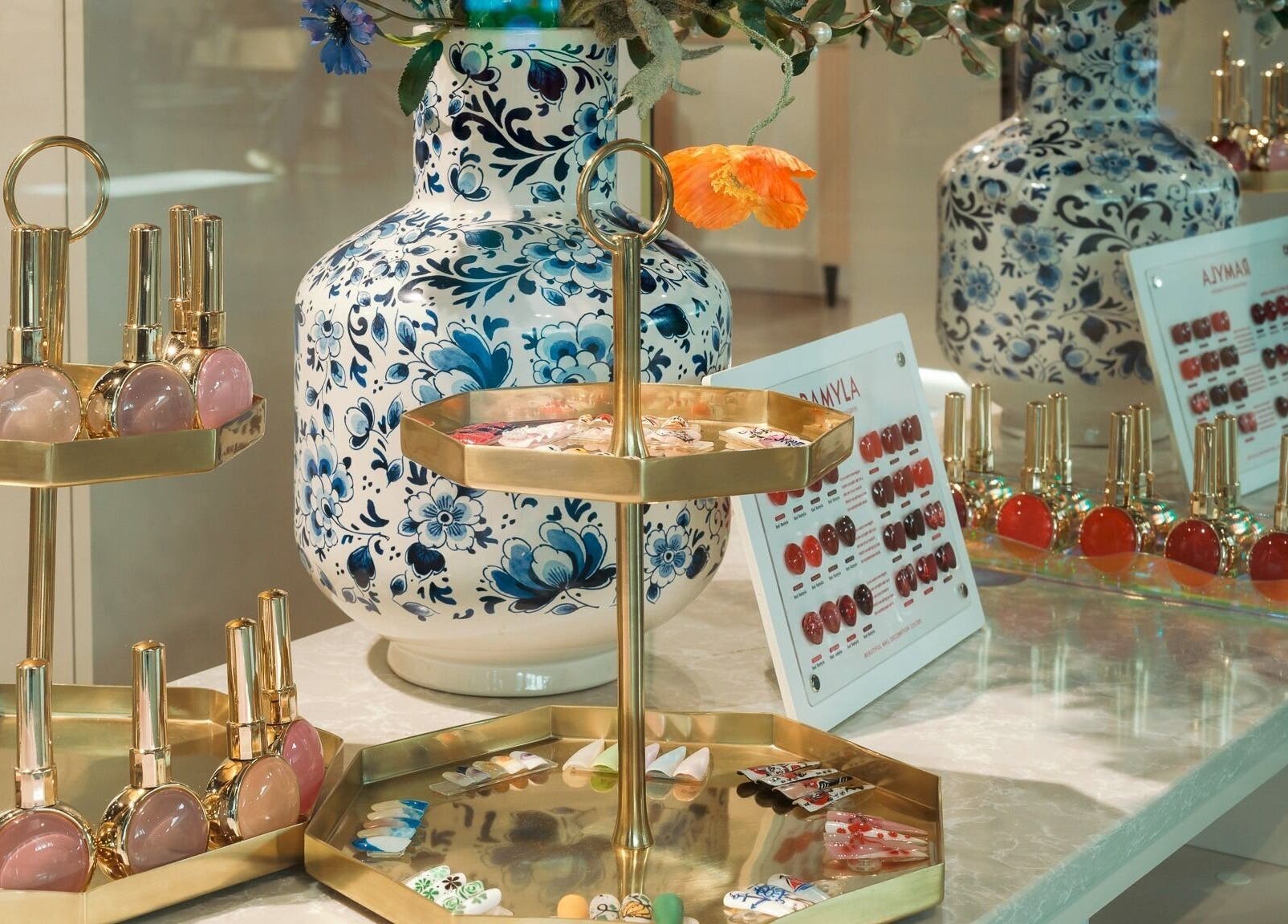 Gold nail polish display at Amsterdam Nail Art Studio - IJburglaan, Amsterdam, Noord-Holland, NL.