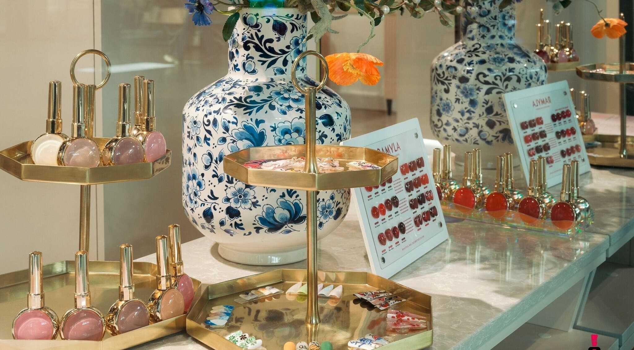 Gold nail polish display at Amsterdam Nail Art Studio - IJburglaan, Amsterdam, Noord-Holland, NL.