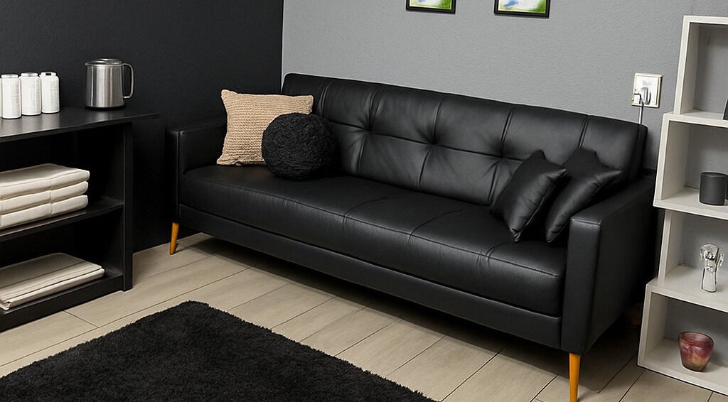 Stylish black sofa in Dramatyes Lash Lounge, Springs, Gauteng, ZA. Modern elegance and comfort.