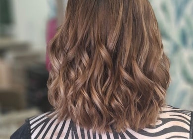 Styled wavy brunette hair at H Gcreativehair, Plymouth, England, GB.
