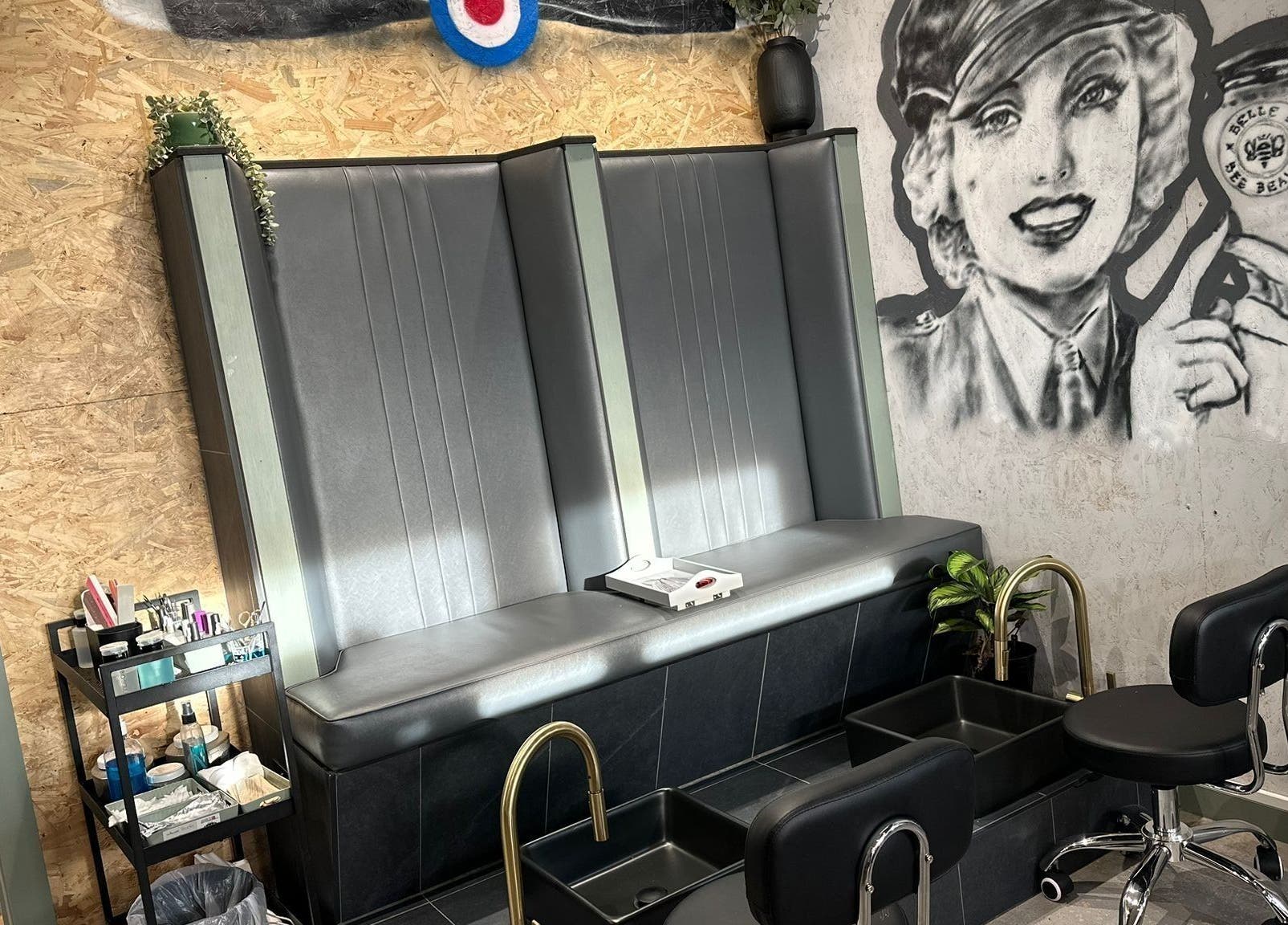 Modern pedicure chairs with a vintage mural at Belle & Bee Beauty X Henlow, Henlow Camp, England, GB.