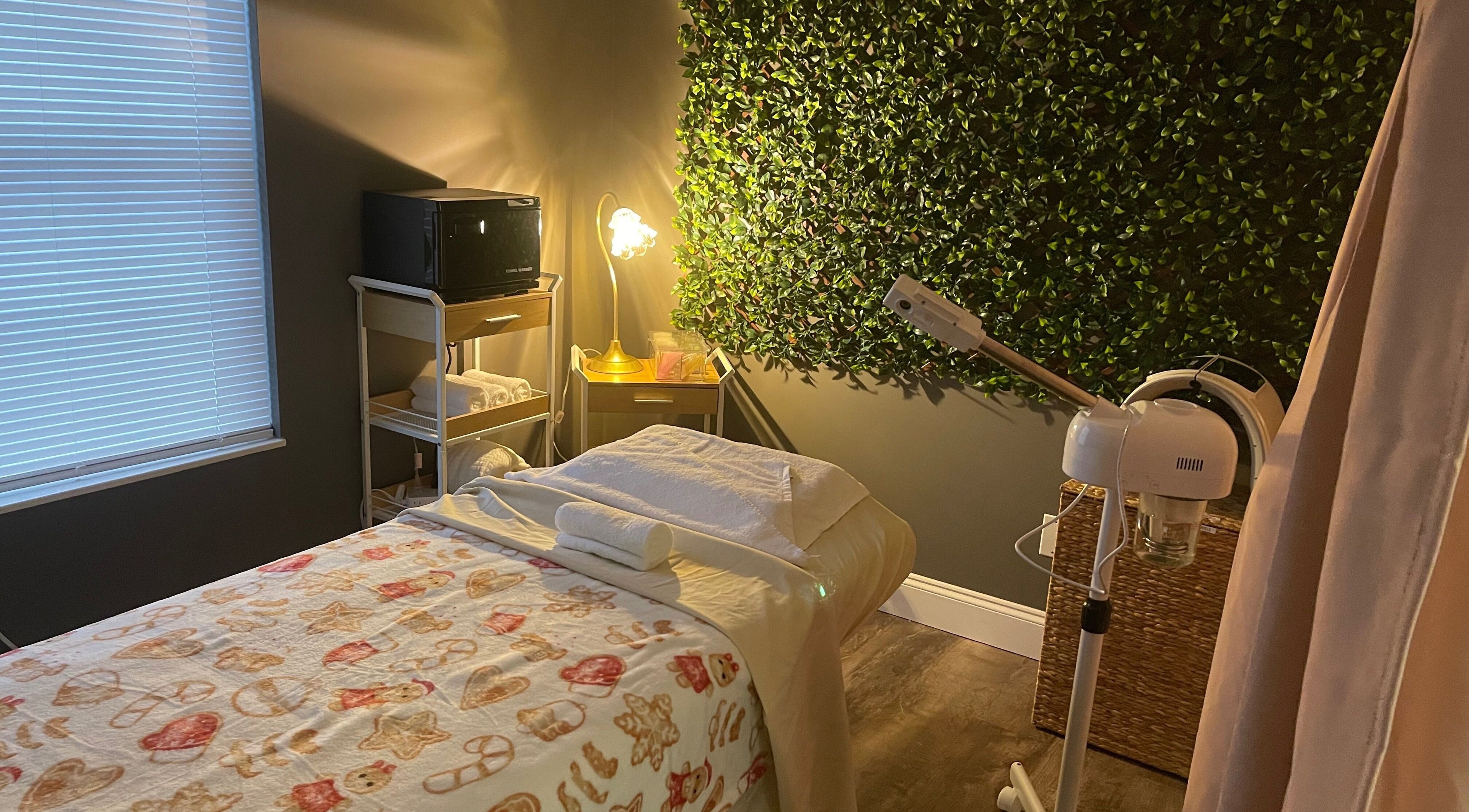 Relaxing spa treatment room at Briar Rose Spa, Sevierville, Tennessee, US with warm light and lush greenery.