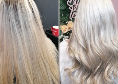 Before and after blonde makeover at Hair by Teri, Wishaw, Scotland, GB, showcasing vibrant hair color.