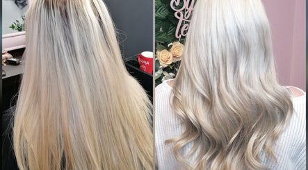 Before and after blonde makeover at Hair by Teri, Wishaw, Scotland, GB, showcasing vibrant hair color.