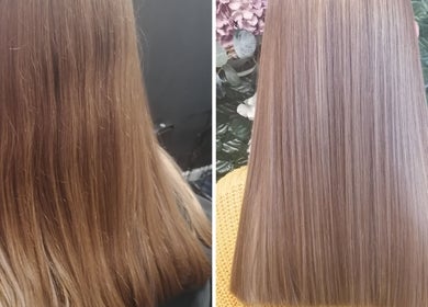 Before and after smooth hair treatment at Hair by Teri, Wishaw, Scotland, GB. Stunning results showcased.