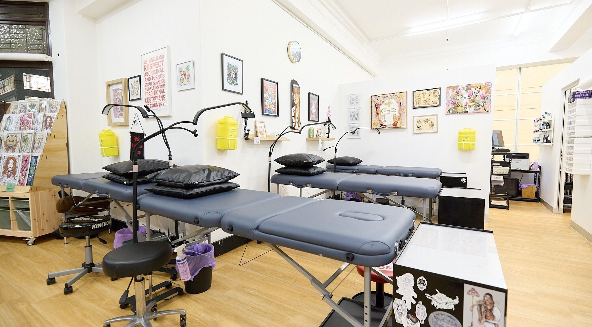 Tattoo tables and art decor at Sydney City - Little Frankie's Tattoo Co, Sydney, New South Wales, AU.