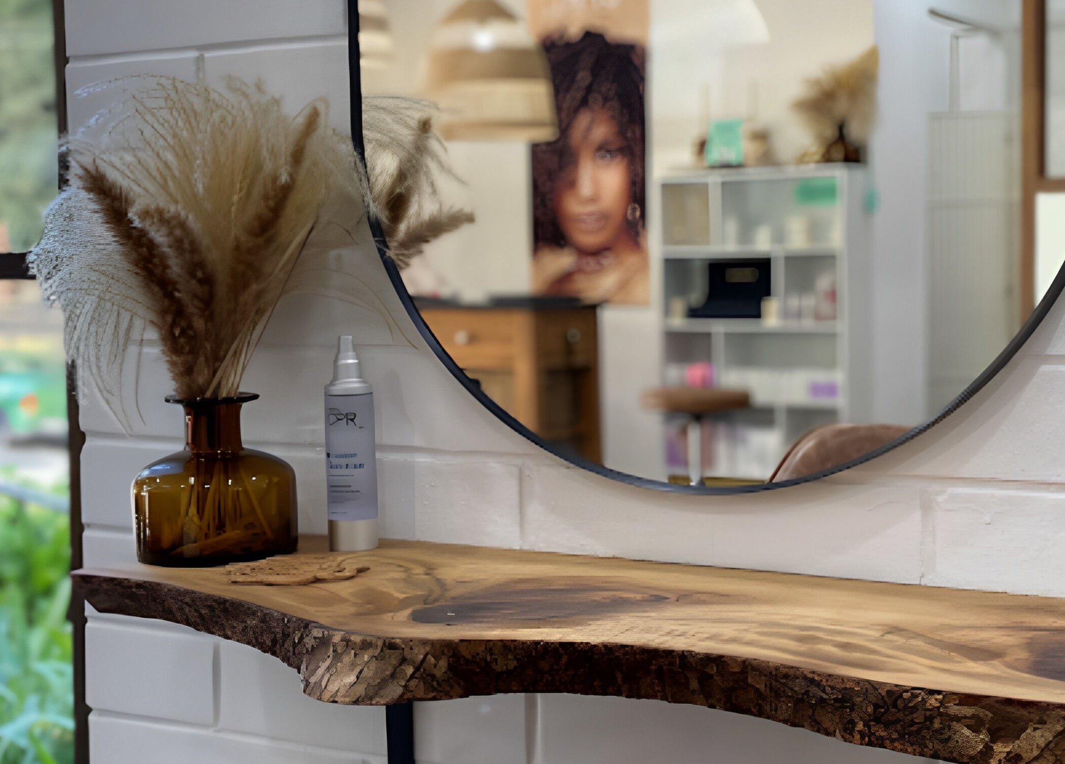 Stylish interior of Edge Hairdressing in Tamborine Mountain, QLD, AU with rustic wood shelf and mirror.