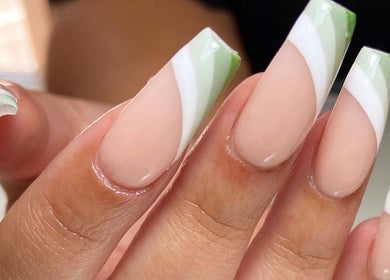 Stylish green and white nail art manicure at Sculpted, Cape Town, Western Cape, ZA.