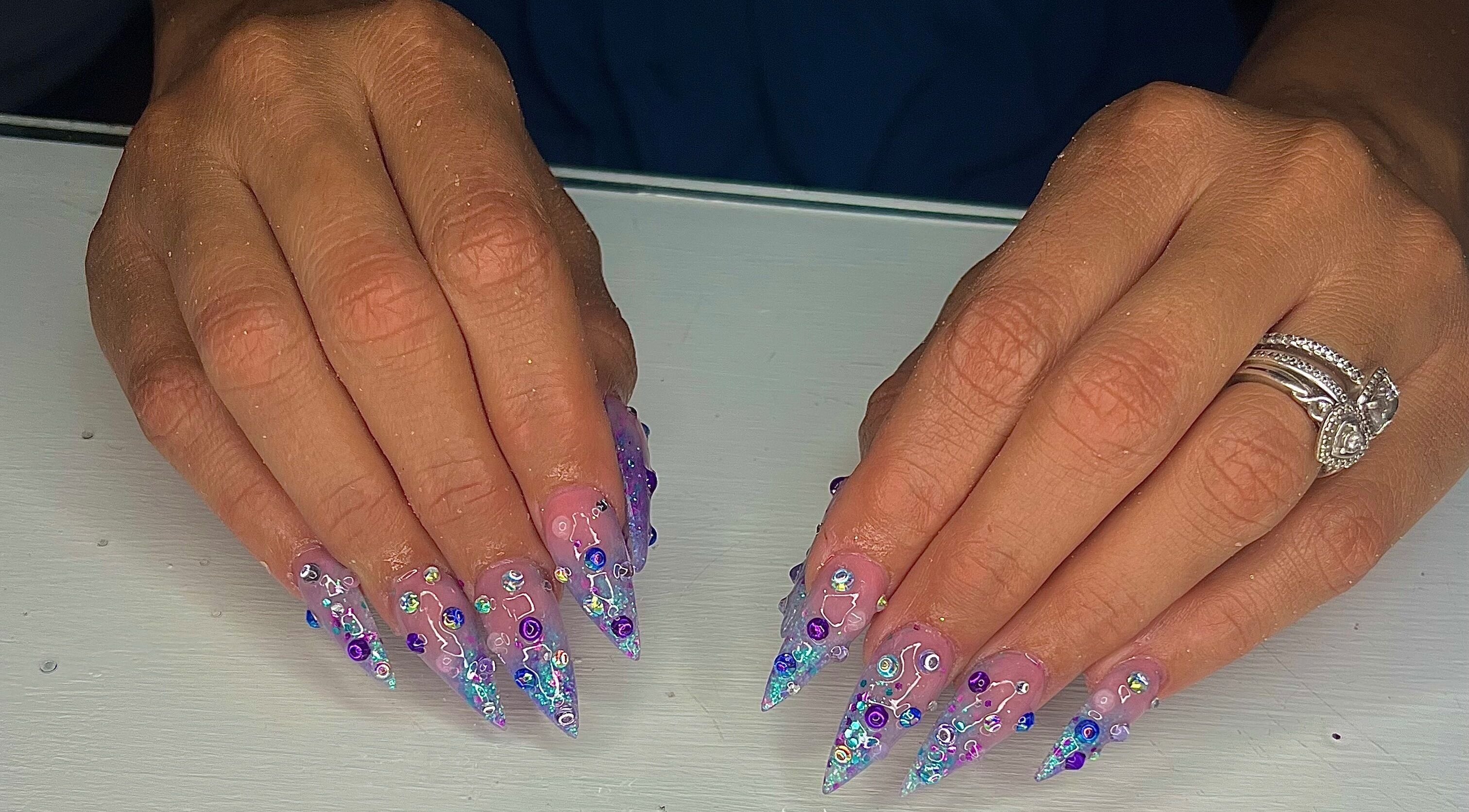 Intricate nail art with crystals at The Vanity Project, Mount Standfast, Saint James, BB.