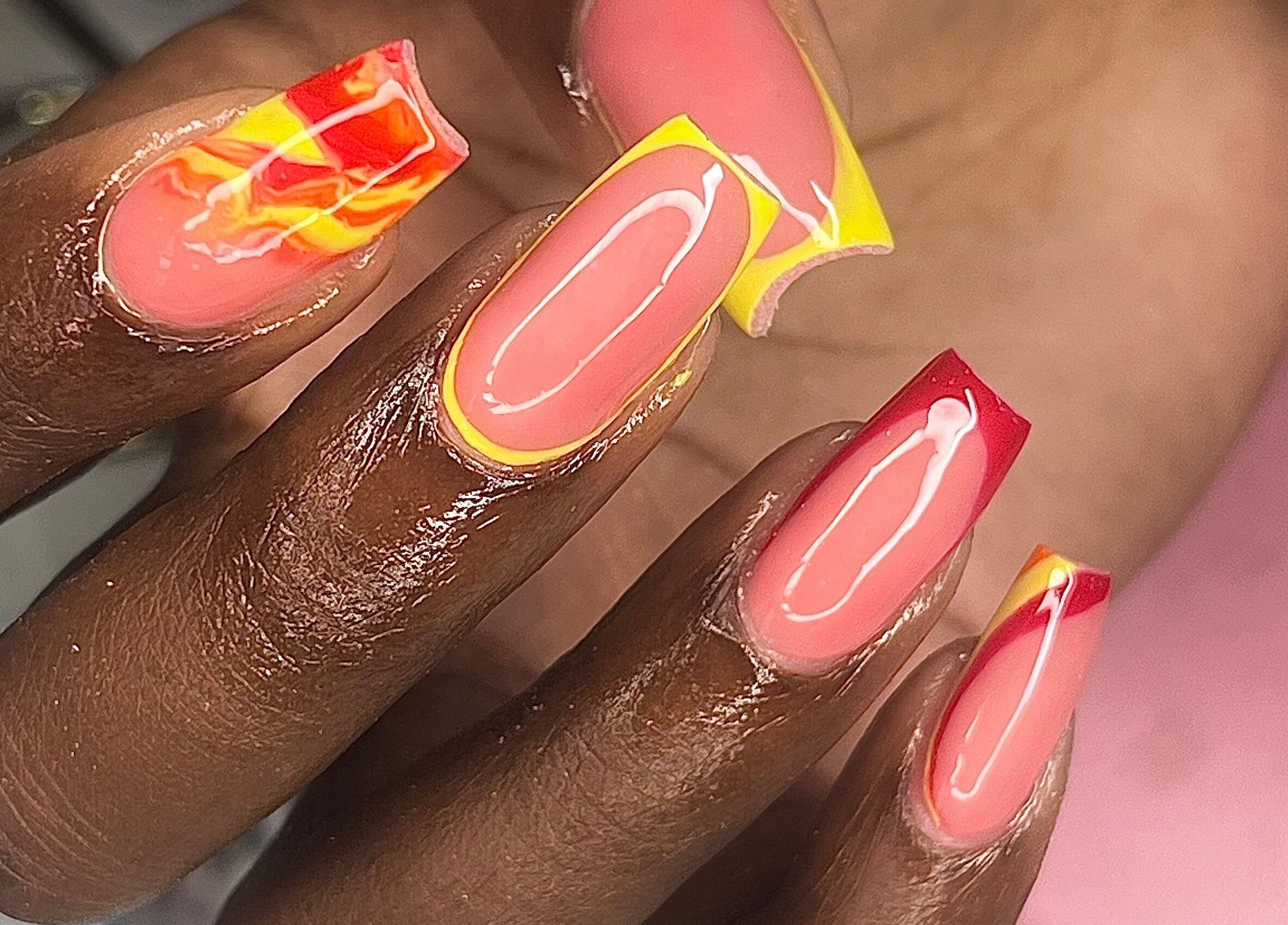 Elegant nail art with sunset tones at The Vanity Project, Mount Standfast, Saint James, BB.