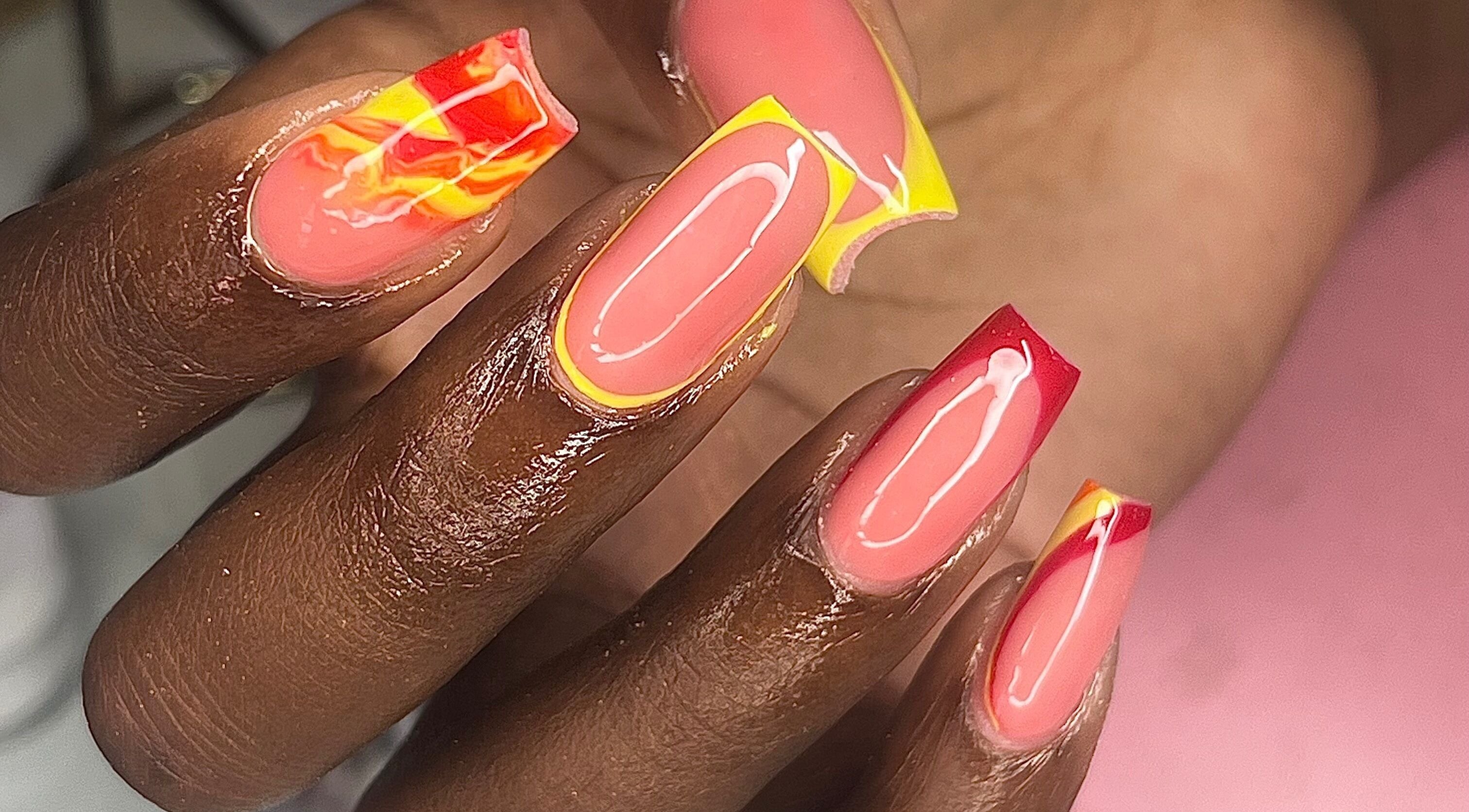 Elegant nail art with sunset tones at The Vanity Project, Mount Standfast, Saint James, BB.
